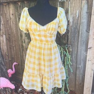 Yellow Gingham Puff Sleeve Dress